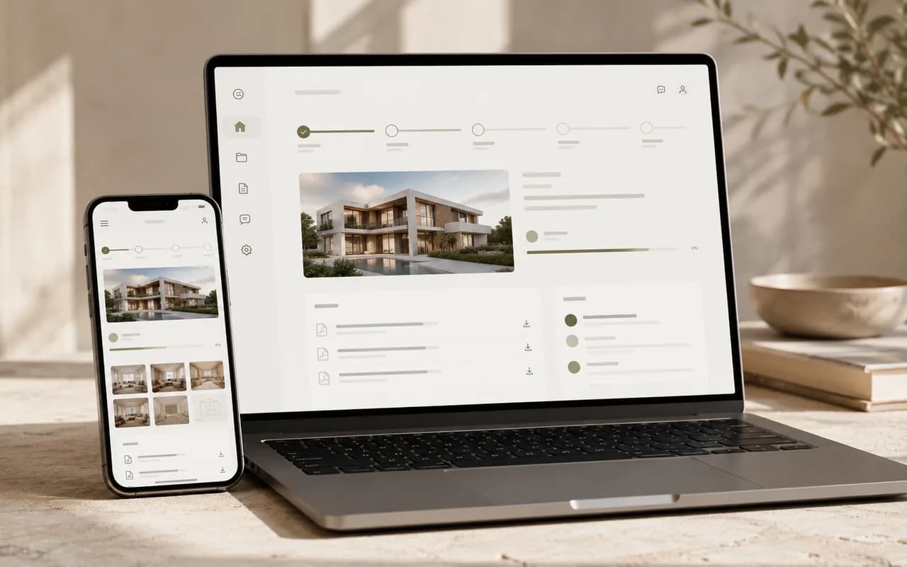 Portátil y teléfono mostrando la ficha de un proyecto, con el render de la vivienda, las fases y los documentos