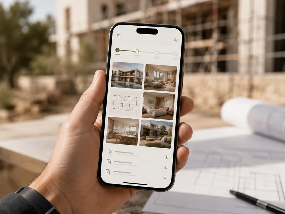 Una mano sostiene un teléfono con el portal del proyecto abierto, a pie de obra y junto a unos planos